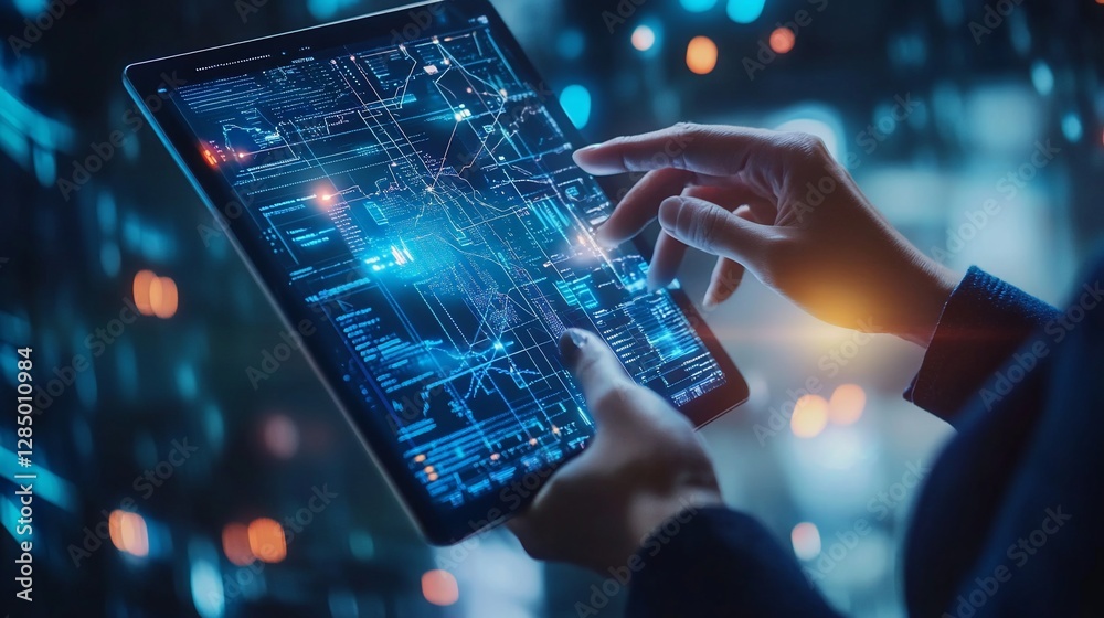 Poster person using a tablet displaying complex data and city lights in the background