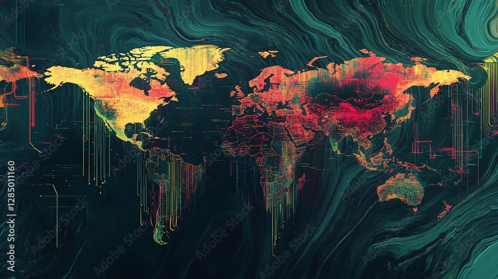 Aufkleber abstract world map with glowing lines and swirling textures showing global data flows