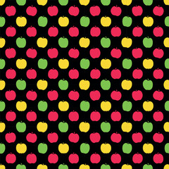 Apple Print. Seamless Memphis Fruit Pattern with Green, Red, Yellow Apples on Black Background. Sample can be used for Fabric, Cover, Mugs, Wrapping Paper. Vector Illustration