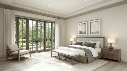 Fototapeta premium Bedroom with double-door access to a connected sunroom, allowing effortless movement and relaxation.