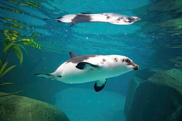 Obraz premium Dall's Porpoise Pair Swimming, Underwater Shot with Sunlight and Rocks, Aquatic Mammals in Natural Habitat, Teal Water, Black and White Markings