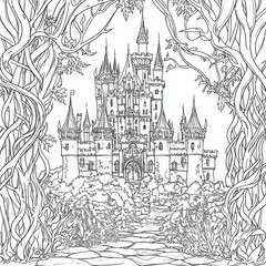 Intricate Castle Surrounded by Enchanting Trees and Vines