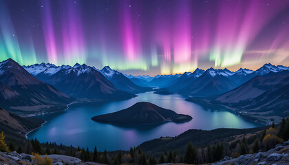 Stunning Aurora Borealis Display over Mountain Lake and Majestic Peaks at Night