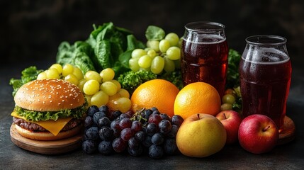 Juicy burger, fruit, beer, dark background, food ad
