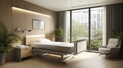 Fototapeta premium Comfortable and inviting bedroom with a thoughtfully designed bed, ensuring elderly mobility.
