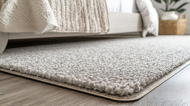 Contemporary bedroom setup featuring an anti-slip rug pad securing a soft area carpet.