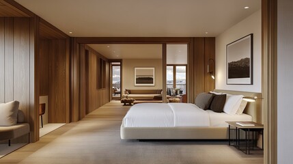 Cozy and accessible bedroom with direct access to a modern lounge space, featuring stylish wood elements.