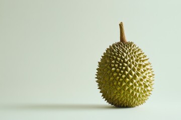 Single durian fruit against plain white background minimalist still life photography contemporary style simple environment close-up view unique concept for durians enthusiasts