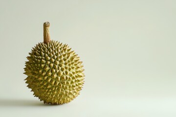 Single durian fruit on plain white background nature photography still life minimalist aesthetic focused view organic concept