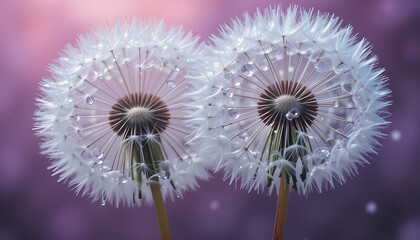 Close up of two beautiful dandelions with water droplets