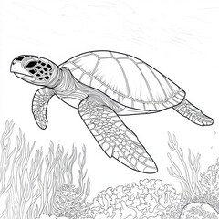 Fototapeta premium Detailed Line Art of a Sea Turtle Swimming in Ocean Surroundings