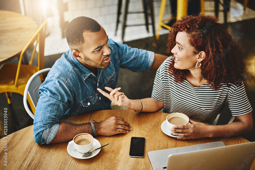 Poster couple, coffee and relax with talking at cafe for explaining, conversation and confused with story. 