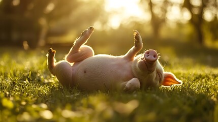 Piglet joyfully rolling on green grass during golden hour with warm sunlight filtering through trees in a serene outdoor setting