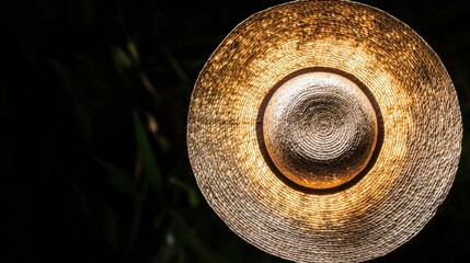 Elegant Woven Hanging Light Shade Casting Warm Glow at Night