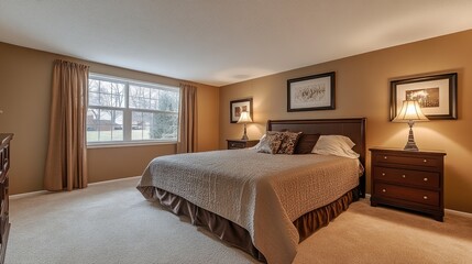 Fototapeta premium Functional bedroom featuring a well-installed, anti-slip carpet over hardwood flooring.
