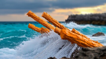 Vibrant sunset over ocean waves crashing against colorful wooden logs on rocky shore