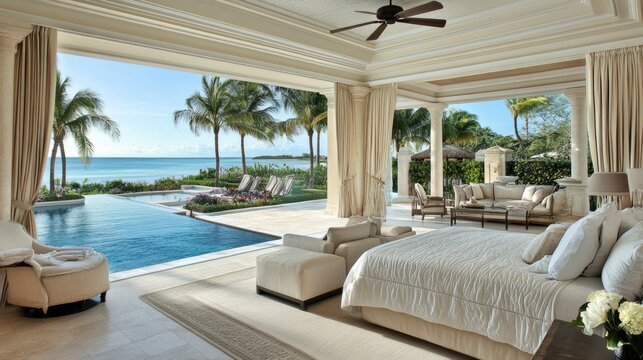 Luxurious bedroom with a soft color palette, seamlessly connecting to a serene outdoor patio and lounge.