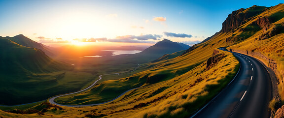 Stunning Sunset View of Winding Road Through Majestic Scottish Highlands Mountains