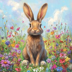 Fototapeta premium Cute Brown Rabbit Surrounded by Colorful Wildflowers on Bright Day