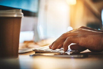 Keyboard, hands or man on computer for web design for creative website and digital footprint. Front...