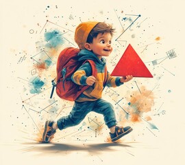 Cheerful schoolboy running to class with backpack and ruler