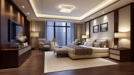 Modern bedroom design with a carefully chosen bed height, ensuring elderly comfort and convenience.