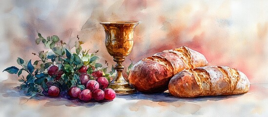 Obraz premium Eucharist Communion Golden Chalice Fresh Bread Christian Religious Watercolor Painting