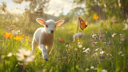 A playful lamb frolicking through a vibrant field filled with colorful wildflowers and butterflies during a sunny day