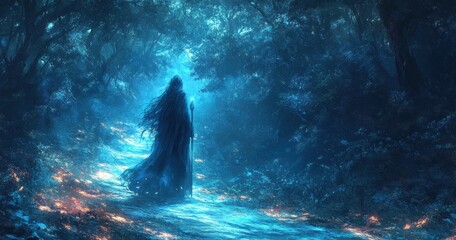 Fototapeta premium Hooded Sorceress with Staff by Ancient Golem Entrance in Mystical Forest