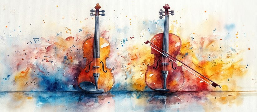 Musical Instruments Watercolor Painting with Violin Guitar and Soft Pastel Background