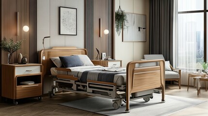 Fototapeta premium Stylish and accessible bedroom with a soft, comfortable bed, designed for elderly mobility.
