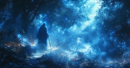 Hooded Sorceress with Staff in Enchanted Forest at Golem's Entrance to Dungeon