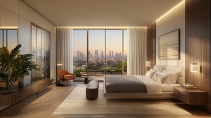 Fototapeta premium Stylish bedroom positioned near the main entrance, designed with wooden textures and soft lighting for comfort.