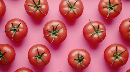 Fresh Red Tomatoes on Pink Background, Bright Colorful Arrangement