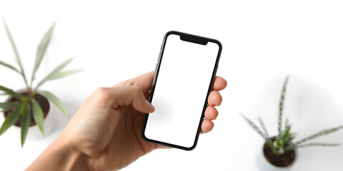 set of Hand holding mobile phone mockup png with blank white screen isolated on white background. perspective smartphone hand mockup