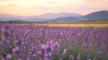 Fototapeta premium Purple Lavender Field at Sunset with Mountain Background