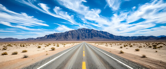 Endless Asphalt Road Journey Through Desolate Desert Landscape Under Stunning Cirrus Clouds