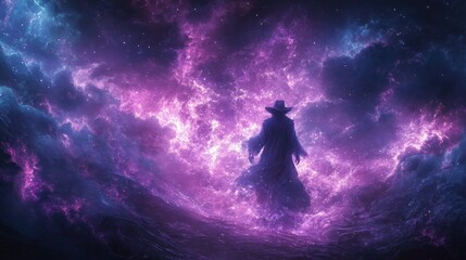 Obraz premium Mystical Sorcerer Conjuring Purple Energy in Dramatic Lighting with Swirling Elements and Dark Background