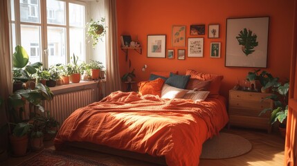 Warm-toned bedroom with a well-placed bed, ensuring smooth transitions from sitting to standing.