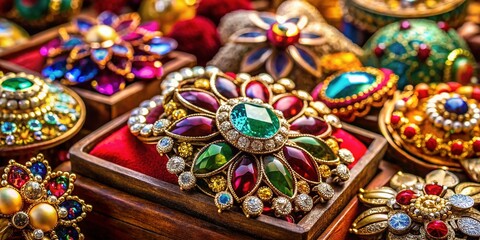 Fototapeta premium Luxurious Handcrafted Jeweled Brooches in Velvet Box - Stock Photo