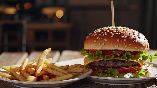A tempting cheeseburger with crunchy fries, served on a wooden plate, capturing the essence of comfort food