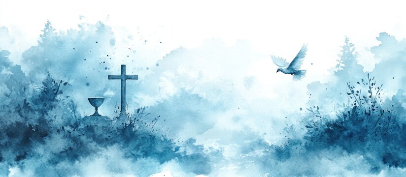 Baptism Watercolor Illustration with Cross, Dove, and Chalice for Christian Spirituality and Faith