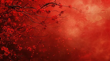 Stunning Abstract Red Background Featuring Blossoms and Branches – Elegant Floral Art Design Image