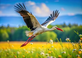 Naklejka premium Majestic White Stork Soaring Over Lush Green Meadow - Wildlife Photography