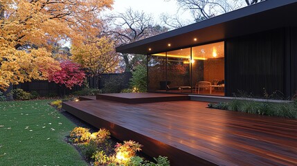 Fototapeta premium Modern home autumn deck backyard landscaping