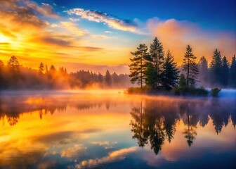 Fototapeta premium Misty Lake Morning: Serene Water, Foggy Landscape Stock Photo