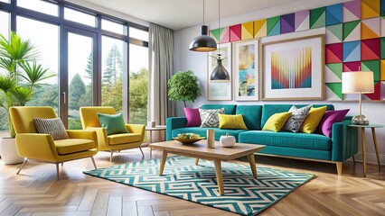 Modern Colorful Living Room Interior Design, Vibrant Home Decor Stock Photo