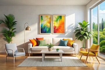 Fototapeta premium Modern White Living Room Mockup with Empty Art Frame, Bright Airy Interior Design, Contemporary Wall Decor