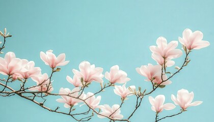Pink Magnolia Blossoms on Branches Against a Light Blue Sky