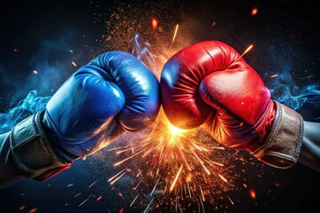 Red vs Blue Boxing Gloves Clashing - Intense Fight Concept Stock Photo